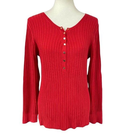 Chico's Women's Red Ribbed Knit Long Sleeve 1/4 Button Up Sweater Shirt Top Sz 3 - Picture 7 of 10